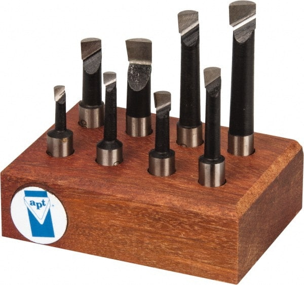 Made in USA - 3/16 to 3/8" Min Diam, 9/16 to 1-7/8" Max Depth, 3/8" Shank Diam, 1-13/16 to 3-1/8" OAL Boring Bar Set - M42 Cobalt, Bright Finish, Right Hand Cut, 8 Piece Set - Exact Tooling