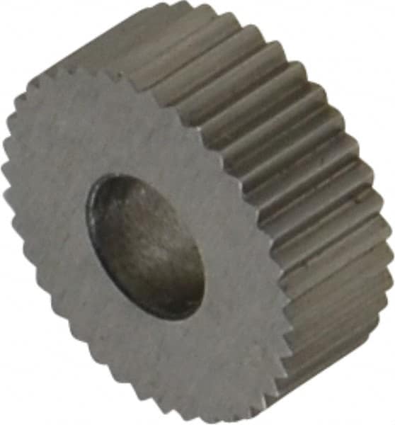 Made in USA - 1/2" Diam, 90° Tooth Angle, 25 TPI, Standard (Shape), Form Type High Speed Steel Straight Knurl Wheel - 3/16" Face Width, 3/16" Hole, Circular Pitch, Bright Finish, Series EP - Exact Tooling