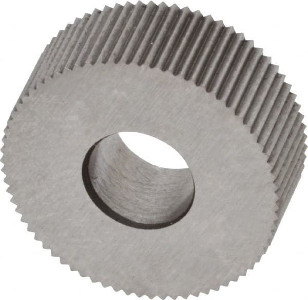Made in USA - 1/2" Diam, 90° Tooth Angle, 47 TPI, Standard (Shape), Form Type High Speed Steel Straight Knurl Wheel - 3/16" Face Width, 3/16" Hole, Circular Pitch, Bright Finish, Series EP - Exact Tooling