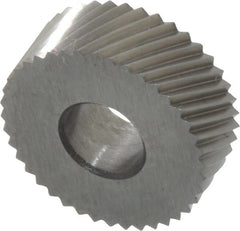 Made in USA - 1/2" Diam, 90° Tooth Angle, 30 TPI, Standard (Shape), Form Type High Speed Steel Right-Hand Diagonal Knurl Wheel - 3/16" Face Width, 3/16" Hole, Circular Pitch, 30° Helix, Bright Finish, Series EP - Exact Tooling
