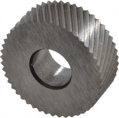 Made in USA - 1/2" Diam, 90° Tooth Angle, 35 TPI, Standard (Shape), Form Type High Speed Steel Left-Hand Diagonal Knurl Wheel - 3/16" Face Width, 3/16" Hole, Circular Pitch, 30° Helix, Bright Finish, Series EP - Exact Tooling