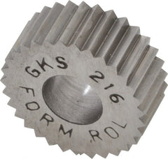 Made in USA - 5/8" Diam, 90° Tooth Angle, 16 TPI, Standard (Shape), Form Type High Speed Steel Straight Knurl Wheel - 1/4" Face Width, 1/4" Hole, Circular Pitch, Bright Finish, Series GK - Exact Tooling