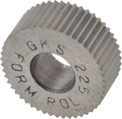 Made in USA - 5/8" Diam, 90° Tooth Angle, 25 TPI, Standard (Shape), Form Type High Speed Steel Straight Knurl Wheel - 1/4" Face Width, 1/4" Hole, Circular Pitch, Bright Finish, Series GK - Exact Tooling