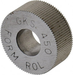 Made in USA - 5/8" Diam, 70° Tooth Angle, 50 TPI, Standard (Shape), Form Type High Speed Steel Straight Knurl Wheel - 1/4" Face Width, 1/4" Hole, Circular Pitch, Bright Finish, Series GK - Exact Tooling