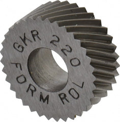 Made in USA - 5/8" Diam, 90° Tooth Angle, 20 TPI, Standard (Shape), Form Type High Speed Steel Right-Hand Diagonal Knurl Wheel - 1/4" Face Width, 1/4" Hole, Circular Pitch, 30° Helix, Bright Finish, Series GK - Exact Tooling