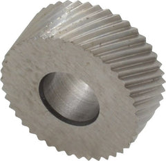 Made in USA - 5/8" Diam, 90° Tooth Angle, 25 TPI, Standard (Shape), Form Type High Speed Steel Right-Hand Diagonal Knurl Wheel - 1/4" Face Width, 1/4" Hole, Circular Pitch, 30° Helix, Bright Finish, Series GK - Exact Tooling