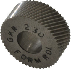 Made in USA - 5/8" Diam, 90° Tooth Angle, 30 TPI, Standard (Shape), Form Type High Speed Steel Right-Hand Diagonal Knurl Wheel - 1/4" Face Width, 1/4" Hole, Circular Pitch, 30° Helix, Bright Finish, Series GK - Exact Tooling