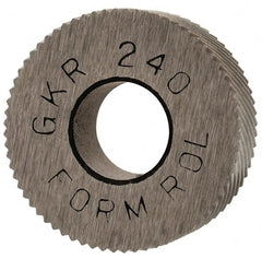 Made in USA - 5/8" Diam, 90° Tooth Angle, 40 TPI, Standard (Shape), Form Type High Speed Steel Right-Hand Diagonal Knurl Wheel - 1/4" Face Width, 1/4" Hole, Circular Pitch, 30° Helix, Bright Finish, Series GK - Exact Tooling