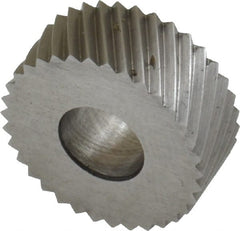 Made in USA - 5/8" Diam, 90° Tooth Angle, 20 TPI, Standard (Shape), Form Type High Speed Steel Left-Hand Diagonal Knurl Wheel - 1/4" Face Width, 1/4" Hole, Circular Pitch, 30° Helix, Bright Finish, Series GK - Exact Tooling