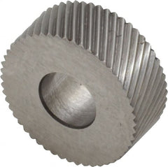 Made in USA - 5/8" Diam, 90° Tooth Angle, 30 TPI, Standard (Shape), Form Type High Speed Steel Left-Hand Diagonal Knurl Wheel - 1/4" Face Width, 1/4" Hole, Circular Pitch, 30° Helix, Bright Finish, Series GK - Exact Tooling