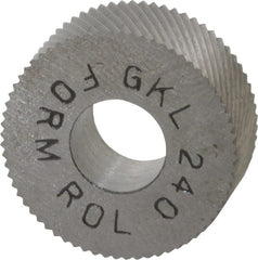 Made in USA - 5/8" Diam, 90° Tooth Angle, 40 TPI, Standard (Shape), Form Type High Speed Steel Left-Hand Diagonal Knurl Wheel - 1/4" Face Width, 1/4" Hole, Circular Pitch, 30° Helix, Bright Finish, Series GK - Exact Tooling