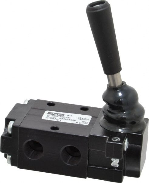 Parker - 0.83 CV Rate, 1/4" NPT Inlet Direct Air 4 Mechanical Spool Valve - 3 Way, 2 Position NC, 150 Max psi, Lever Manual Return - Exact Tooling