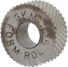 Made in USA - 5/8" Diam, 90° Tooth Angle, 25 TPI, Standard (Shape), Form Type High Speed Steel Male Diamond Knurl Wheel - 1/4" Face Width, 1/4" Hole, Circular Pitch, 30° Helix, Bright Finish, Series GK - Exact Tooling