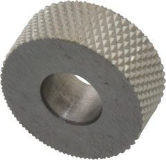 Made in USA - 5/8" Diam, 90° Tooth Angle, 30 TPI, Standard (Shape), Form Type High Speed Steel Male Diamond Knurl Wheel - 1/4" Face Width, 1/4" Hole, Circular Pitch, 30° Helix, Bright Finish, Series GK - Exact Tooling