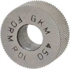 Made in USA - 5/8" Diam, 70° Tooth Angle, 50 TPI, Standard (Shape), Form Type High Speed Steel Male Diamond Knurl Wheel - 1/4" Face Width, 1/4" Hole, Circular Pitch, 30° Helix, Bright Finish, Series GK - Exact Tooling