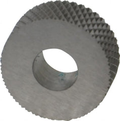 Made in USA - 5/8" Diam, 90° Tooth Angle, 25 TPI, Standard (Shape), Form Type High Speed Steel Female Diamond Knurl Wheel - 1/4" Face Width, 1/4" Hole, Circular Pitch, 30° Helix, Bright Finish, Series GK - Exact Tooling