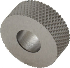 Made in USA - 5/8" Diam, 90° Tooth Angle, 30 TPI, Standard (Shape), Form Type High Speed Steel Female Diamond Knurl Wheel - 1/4" Face Width, 1/4" Hole, Circular Pitch, 30° Helix, Bright Finish, Series GK - Exact Tooling
