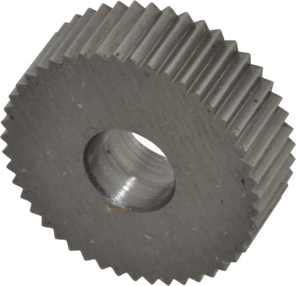 Made in USA - 3/4" Diam, 90° Tooth Angle, 20 TPI, Standard (Shape), Form Type High Speed Steel Straight Knurl Wheel - 1/4" Face Width, 1/4" Hole, Circular Pitch, Bright Finish, Series KN - Exact Tooling