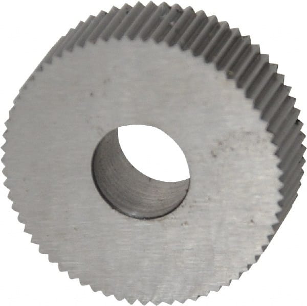 Made in USA - 3/4" Diam, 90° Tooth Angle, 29 TPI, Standard (Shape), Form Type High Speed Steel Straight Knurl Wheel - 1/4" Face Width, 1/4" Hole, Circular Pitch, Bright Finish, Series KN - Exact Tooling