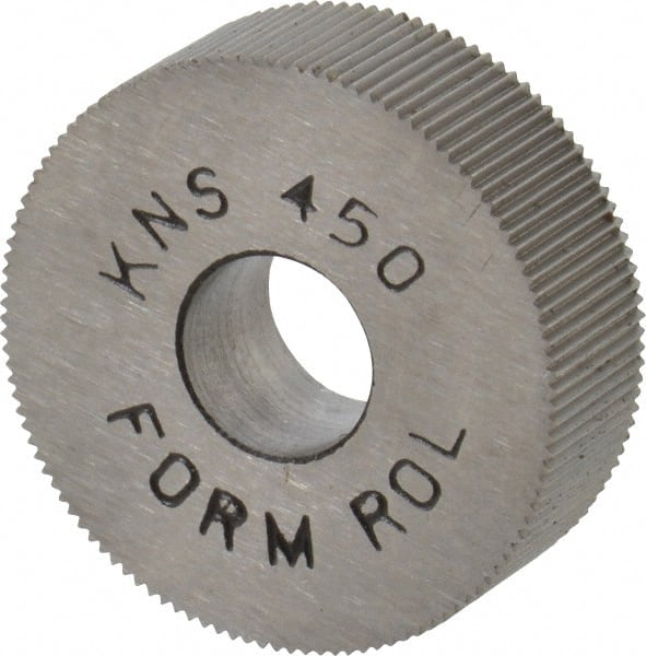 Made in USA - 3/4" Diam, 70° Tooth Angle, 50 TPI, Standard (Shape), Form Type High Speed Steel Straight Knurl Wheel - 1/4" Face Width, 1/4" Hole, Circular Pitch, Bright Finish, Series KN - Exact Tooling