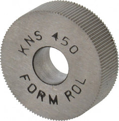 Made in USA - 3/4" Diam, 70° Tooth Angle, 50 TPI, Standard (Shape), Form Type High Speed Steel Straight Knurl Wheel - 1/4" Face Width, 1/4" Hole, Circular Pitch, Bright Finish, Series KN - Exact Tooling
