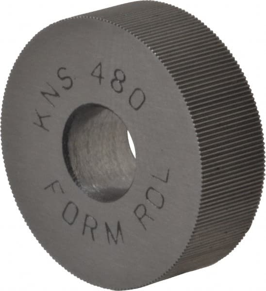 Made in USA - 3/4" Diam, 70° Tooth Angle, 80 TPI, Standard (Shape), Form Type High Speed Steel Straight Knurl Wheel - 1/4" Face Width, 1/4" Hole, Circular Pitch, Bright Finish, Series KN - Exact Tooling