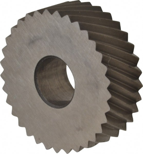 Made in USA - 3/4" Diam, 90° Tooth Angle, 16 TPI, Standard (Shape), Form Type High Speed Steel Right-Hand Diagonal Knurl Wheel - 1/4" Face Width, 1/4" Hole, Circular Pitch, 30° Helix, Bright Finish, Series KN - Exact Tooling