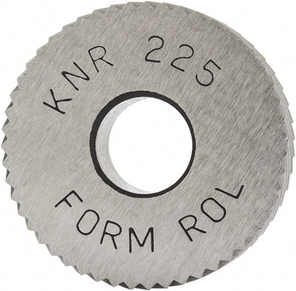 Made in USA - 3/4" Diam, 90° Tooth Angle, 25 TPI, Standard (Shape), Form Type High Speed Steel Right-Hand Diagonal Knurl Wheel - 1/4" Face Width, 1/4" Hole, Circular Pitch, 30° Helix, Bright Finish, Series KN - Exact Tooling