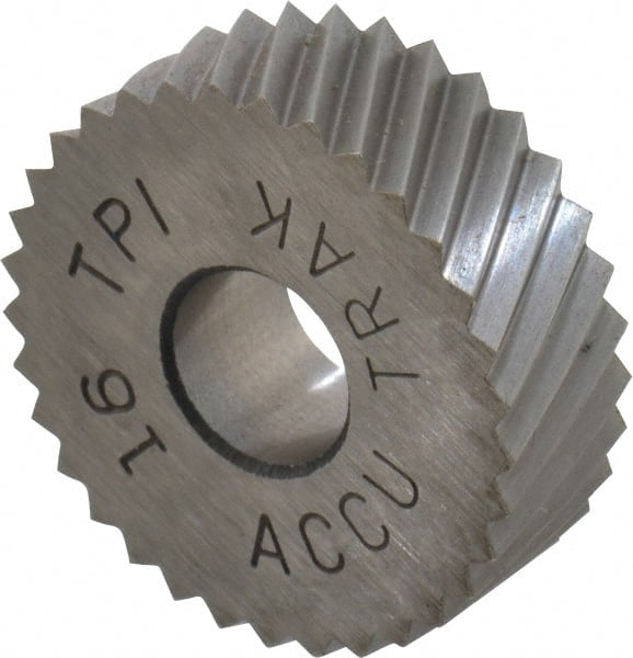 Made in USA - 3/4" Diam, 90° Tooth Angle, 16 TPI, Standard (Shape), Form Type High Speed Steel Left-Hand Diagonal Knurl Wheel - 1/4" Face Width, 1/4" Hole, Circular Pitch, 30° Helix, Bright Finish, Series KN - Exact Tooling