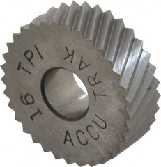 Made in USA - 3/4" Diam, 90° Tooth Angle, 16 TPI, Standard (Shape), Form Type High Speed Steel Left-Hand Diagonal Knurl Wheel - 1/4" Face Width, 1/4" Hole, Circular Pitch, 30° Helix, Bright Finish, Series KN - Exact Tooling