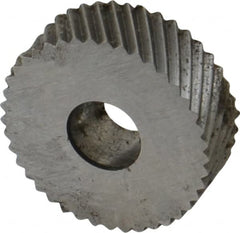 Made in USA - 3/4" Diam, 90° Tooth Angle, 20 TPI, Standard (Shape), Form Type High Speed Steel Left-Hand Diagonal Knurl Wheel - 1/4" Face Width, 1/4" Hole, Circular Pitch, 30° Helix, Bright Finish, Series KN - Exact Tooling
