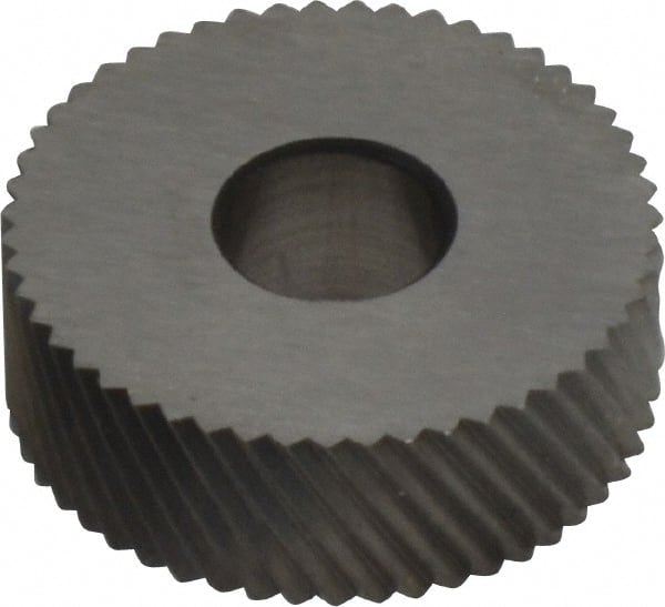 Made in USA - 3/4" Diam, 90° Tooth Angle, 25 TPI, Standard (Shape), Form Type High Speed Steel Left-Hand Diagonal Knurl Wheel - 1/4" Face Width, 1/4" Hole, Circular Pitch, 30° Helix, Bright Finish, Series KN - Exact Tooling