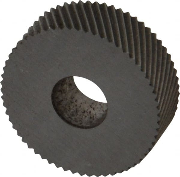 Made in USA - 3/4" Diam, 90° Tooth Angle, 30 TPI, Standard (Shape), Form Type High Speed Steel Left-Hand Diagonal Knurl Wheel - 1/4" Face Width, 1/4" Hole, Circular Pitch, 30° Helix, Bright Finish, Series KN - Exact Tooling