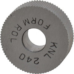 Made in USA - 3/4" Diam, 90° Tooth Angle, 40 TPI, Standard (Shape), Form Type High Speed Steel Left-Hand Diagonal Knurl Wheel - 1/4" Face Width, 1/4" Hole, Circular Pitch, 30° Helix, Bright Finish, Series KN - Exact Tooling