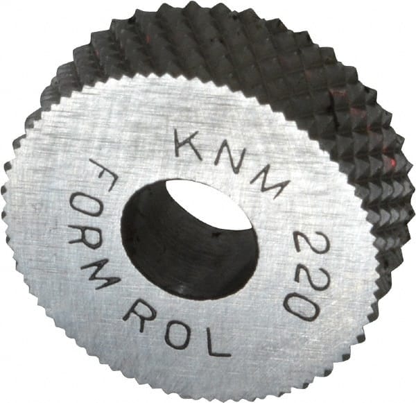 Made in USA - 3/4" Diam, 90° Tooth Angle, 20 TPI, Standard (Shape), Form Type High Speed Steel Male Diamond Knurl Wheel - 1/4" Face Width, 1/4" Hole, Circular Pitch, 30° Helix, Bright Finish, Series KN - Exact Tooling