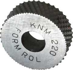 Made in USA - 3/4" Diam, 90° Tooth Angle, 20 TPI, Standard (Shape), Form Type High Speed Steel Male Diamond Knurl Wheel - 1/4" Face Width, 1/4" Hole, Circular Pitch, 30° Helix, Bright Finish, Series KN - Exact Tooling