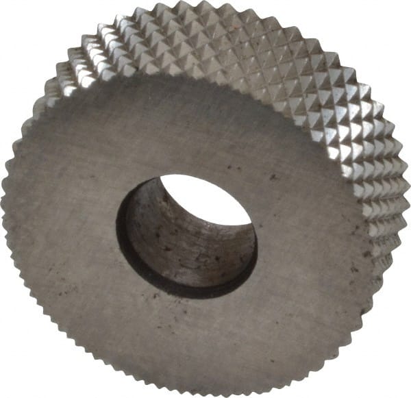 Made in USA - 3/4" Diam, 90° Tooth Angle, 25 TPI, Standard (Shape), Form Type High Speed Steel Male Diamond Knurl Wheel - 1/4" Face Width, 1/4" Hole, Circular Pitch, 30° Helix, Bright Finish, Series KN - Exact Tooling