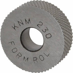 Made in USA - 3/4" Diam, 90° Tooth Angle, 30 TPI, Standard (Shape), Form Type High Speed Steel Male Diamond Knurl Wheel - 1/4" Face Width, 1/4" Hole, Circular Pitch, 30° Helix, Bright Finish, Series KN - Exact Tooling