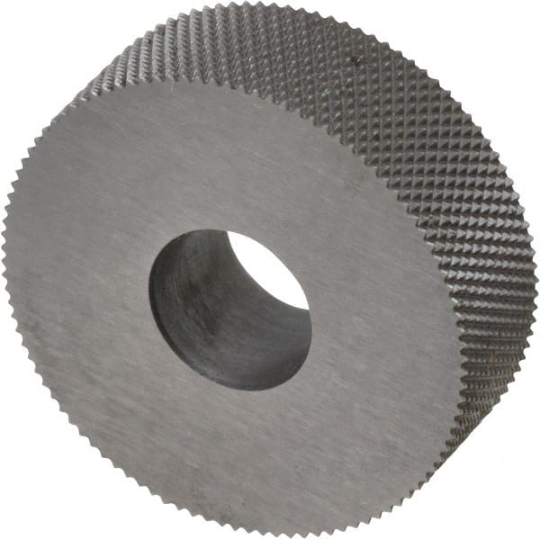 Made in USA - 3/4" Diam, 70° Tooth Angle, 50 TPI, Standard (Shape), Form Type High Speed Steel Male Diamond Knurl Wheel - 1/4" Face Width, 1/4" Hole, Circular Pitch, 30° Helix, Bright Finish, Series KN - Exact Tooling