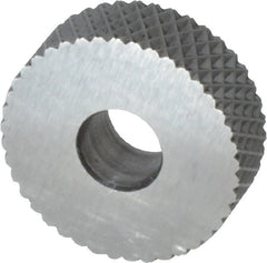 Made in USA - 3/4" Diam, 90° Tooth Angle, 20 TPI, Standard (Shape), Form Type High Speed Steel Female Diamond Knurl Wheel - 1/4" Face Width, 1/4" Hole, Circular Pitch, 30° Helix, Bright Finish, Series KN - Exact Tooling