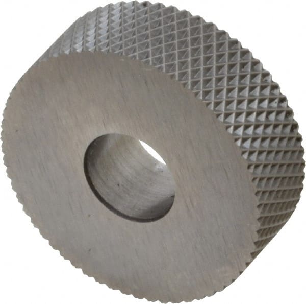 Made in USA - 3/4" Diam, 90° Tooth Angle, 30 TPI, Standard (Shape), Form Type High Speed Steel Female Diamond Knurl Wheel - 1/4" Face Width, 1/4" Hole, Circular Pitch, 30° Helix, Bright Finish, Series KN - Exact Tooling