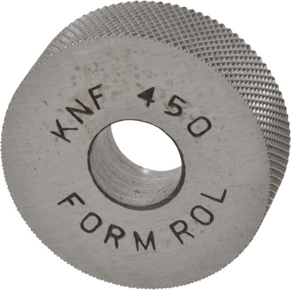 Made in USA - 3/4" Diam, 70° Tooth Angle, 50 TPI, Standard (Shape), Form Type High Speed Steel Female Diamond Knurl Wheel - 1/4" Face Width, 1/4" Hole, Circular Pitch, 30° Helix, Bright Finish, Series KN - Exact Tooling