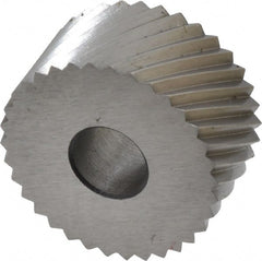 Made in USA - 3/4" Diam, 90° Tooth Angle, 14 TPI, Standard (Shape), Form Type High Speed Steel Right-Hand Diagonal Knurl Wheel - 3/8" Face Width, 1/4" Hole, Circular Pitch, 30° Helix, Bright Finish, Series KP - Exact Tooling