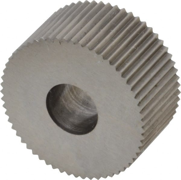 Made in USA - 3/4" Diam, 90° Tooth Angle, 25 TPI, Standard (Shape), Form Type High Speed Steel Straight Knurl Wheel - 3/8" Face Width, 1/4" Hole, Circular Pitch, Bright Finish, Series KP - Exact Tooling
