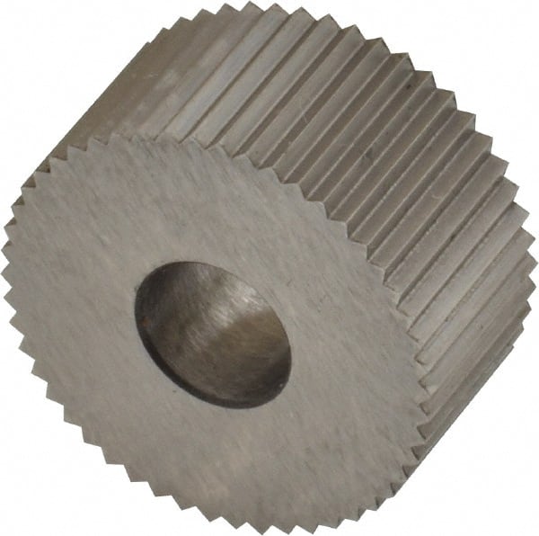 Made in USA - 3/4" Diam, 90° Tooth Angle, 21 TPI, Standard (Shape), Form Type High Speed Steel Straight Knurl Wheel - 3/8" Face Width, 1/4" Hole, Circular Pitch, Bright Finish, Series KP - Exact Tooling