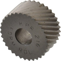 Made in USA - 3/4" Diam, 90° Tooth Angle, 16 TPI, Standard (Shape), Form Type High Speed Steel Right-Hand Diagonal Knurl Wheel - 3/8" Face Width, 1/4" Hole, Circular Pitch, 30° Helix, Bright Finish, Series KP - Exact Tooling