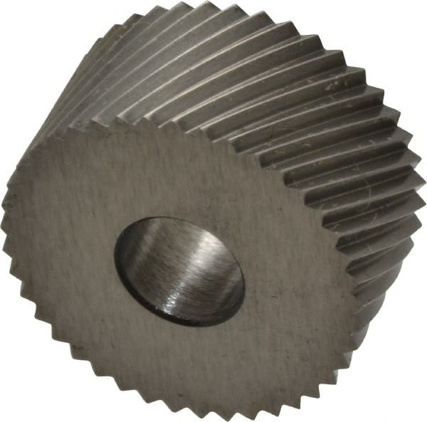 Made in USA - 3/4" Diam, 90° Tooth Angle, 20 TPI, Standard (Shape), Form Type High Speed Steel Right-Hand Diagonal Knurl Wheel - 3/8" Face Width, 1/4" Hole, Circular Pitch, 30° Helix, Bright Finish, Series KP - Exact Tooling