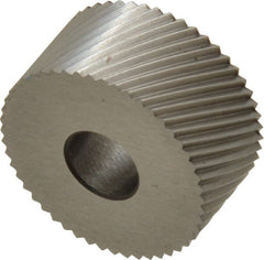 Made in USA - 3/4" Diam, 90° Tooth Angle, 21 TPI, Standard (Shape), Form Type High Speed Steel Right-Hand Diagonal Knurl Wheel - 3/8" Face Width, 1/4" Hole, Circular Pitch, 30° Helix, Bright Finish, Series KP - Exact Tooling