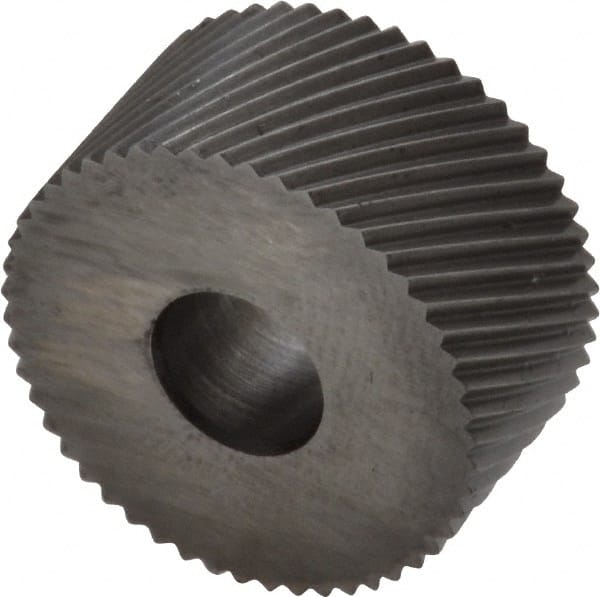 Made in USA - 3/4" Diam, 90° Tooth Angle, 25 TPI, Standard (Shape), Form Type High Speed Steel Right-Hand Diagonal Knurl Wheel - 3/8" Face Width, 1/4" Hole, Circular Pitch, 30° Helix, Bright Finish, Series KP - Exact Tooling