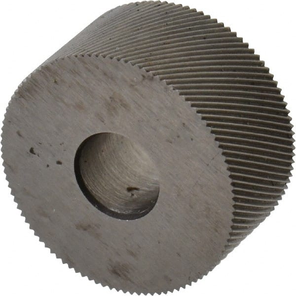 Made in USA - 3/4" Diam, 70° Tooth Angle, 50 TPI, Standard (Shape), Form Type High Speed Steel Right-Hand Diagonal Knurl Wheel - 3/8" Face Width, 1/4" Hole, Circular Pitch, 30° Helix, Bright Finish, Series KP - Exact Tooling
